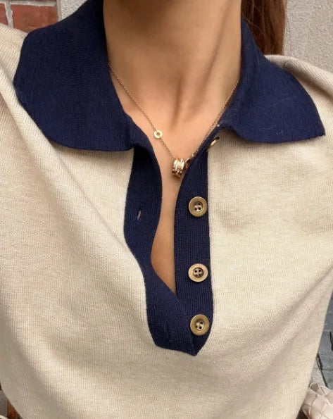 Women's Korean Style Color Block Polo Knit Top