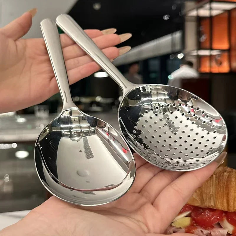 Nouvelle louche de service en acier inoxydable pour restaurant, usage public, filtre à soupe et riz, ustensile de cuisine, grande taille, couleur argentée, ensemble