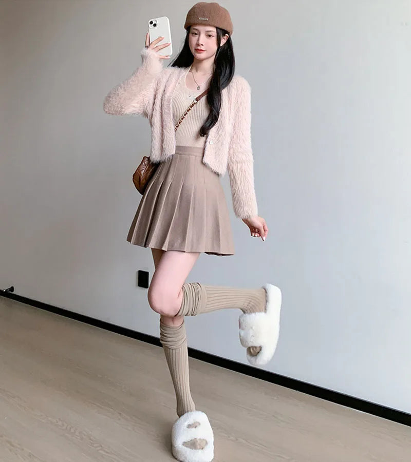 Women's Woolen Pleated Mini Skirt - Korean Style