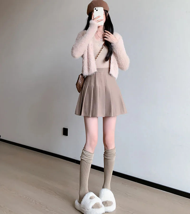 Women's Woolen Pleated Mini Skirt - Korean Style
