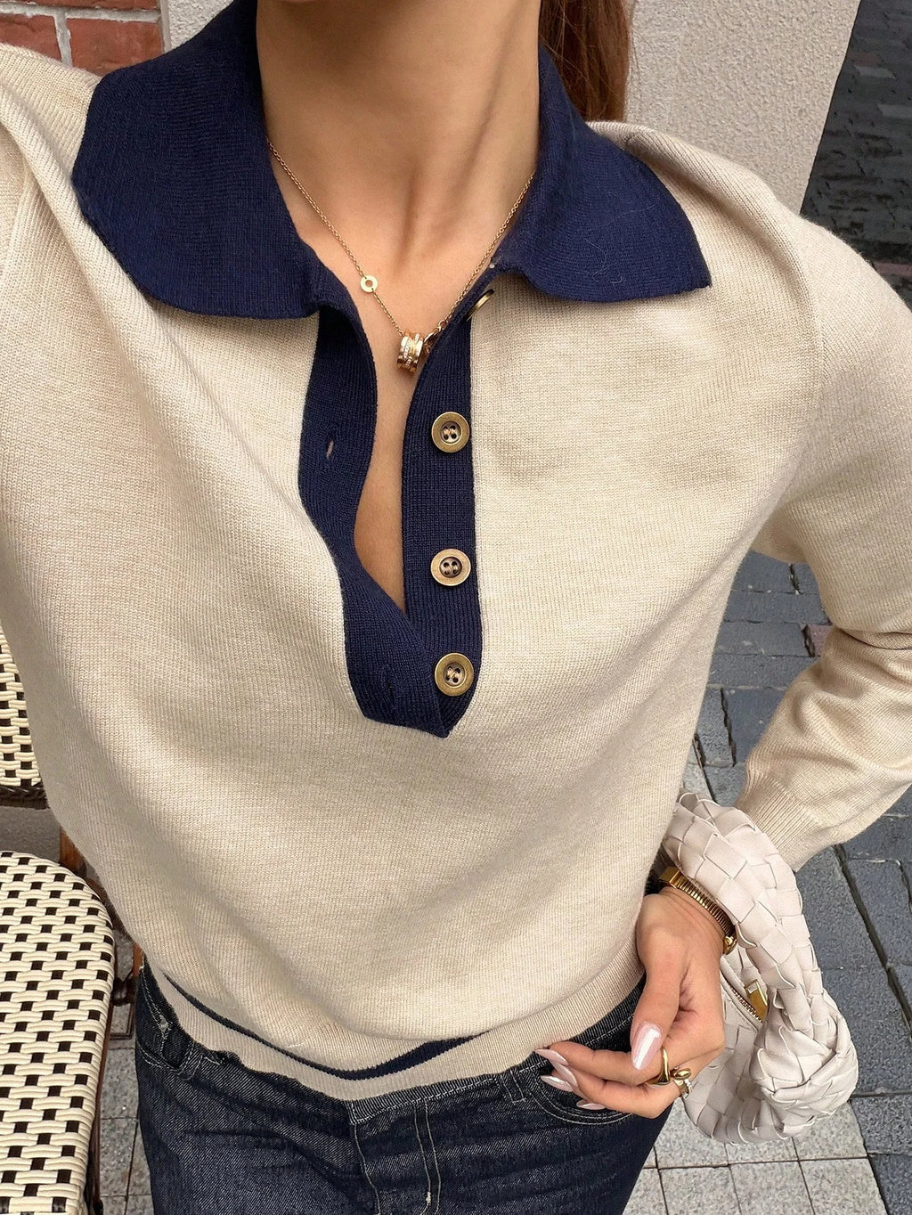 Women's Korean Style Color Block Polo Knit Top