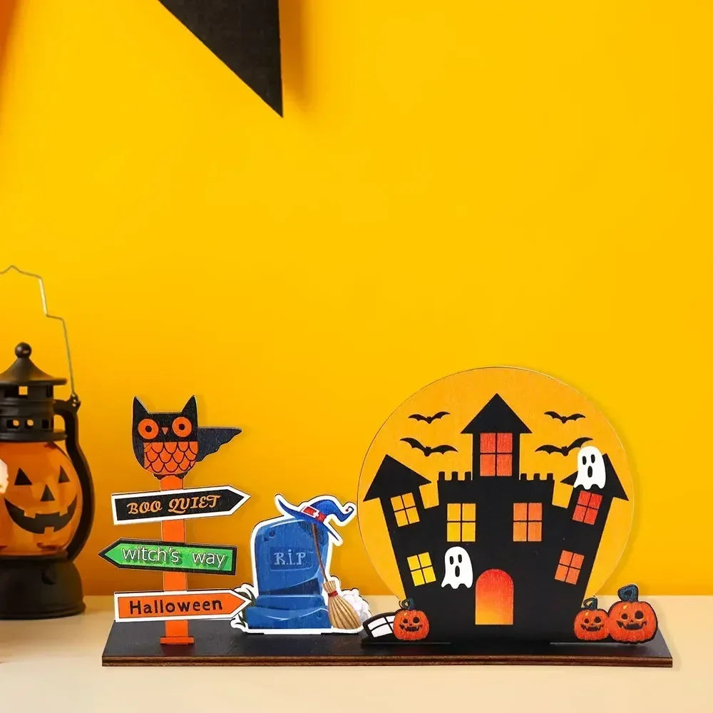 Halloween Desktop Decoration Wooden Castle Ornament Pumpkin Ghost Plaque Decor Trick or Treat Happy Halloween Party Decor