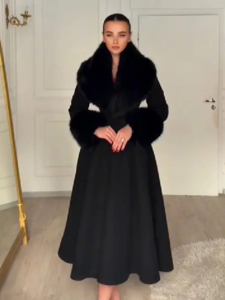 Women's Faux Fur Collar Wool Blend Maxi Dress Coat