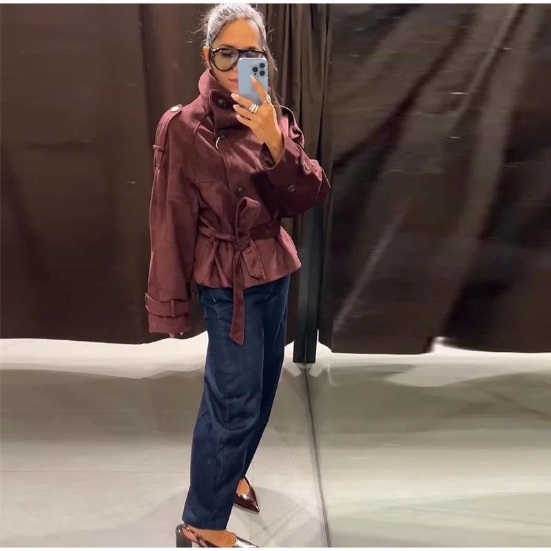 Women's Faux Suede Belted Winter Jacket
