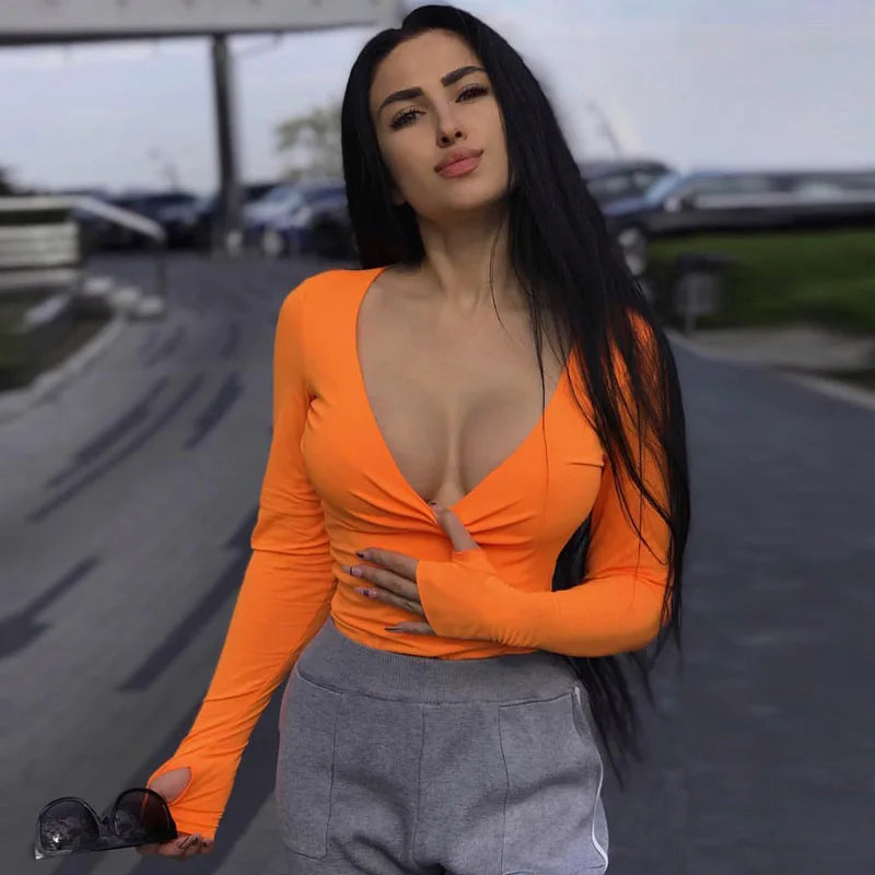 Women's Orange Neon Long-Sleeve Bodysuit