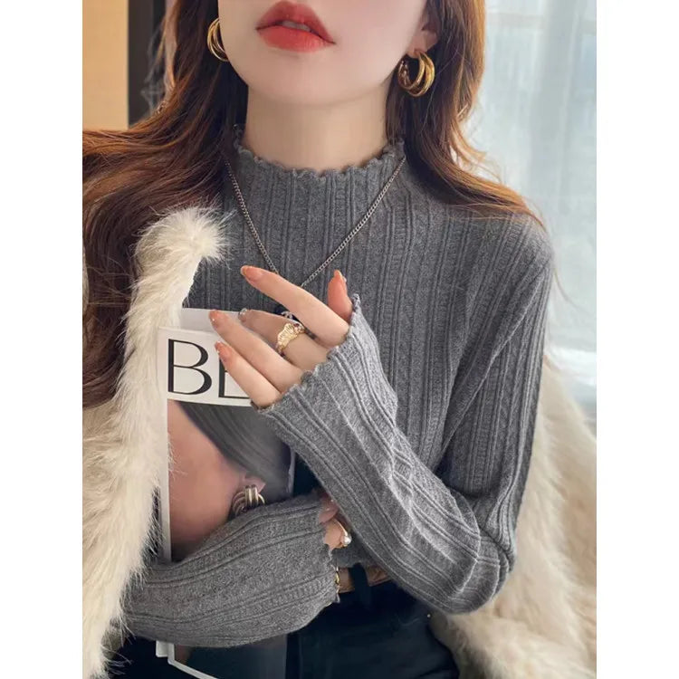 Women's Ruffled Semi-Turtleneck Knitted Sweater