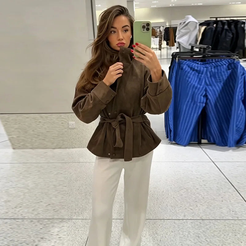 Women's Faux Suede Belted Winter Jacket