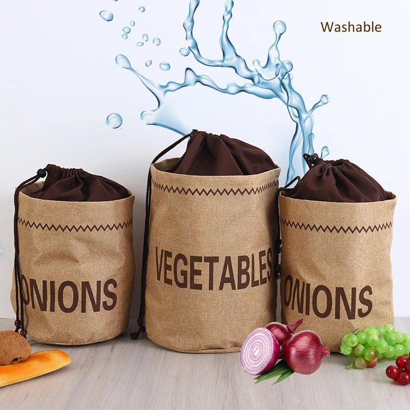 Sac de rangement en toile de jute pour cuisine : ail, oignons, pommes de terre, légumes, pain, sac à cordon, organisateur en tissu de jute pour pommes de terre