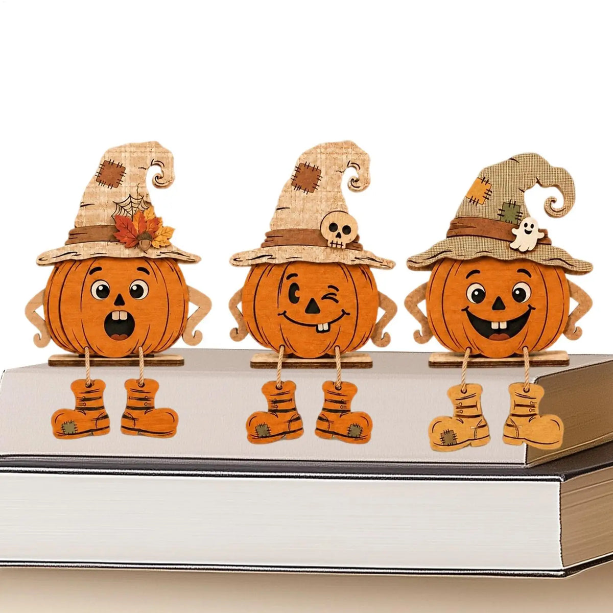 Halloween Wooden Pumpkin Decor 3 Pieces Farmhouse Tabletop Ornament 2D Pumpkin Character Festive Home Desk Mantel Decor Gifts
