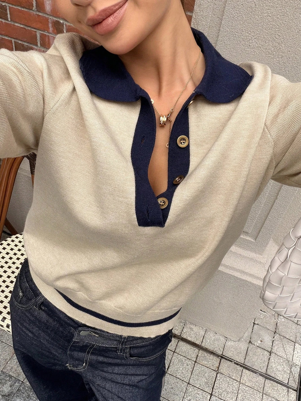 Women's Korean Style Color Block Polo Knit Top