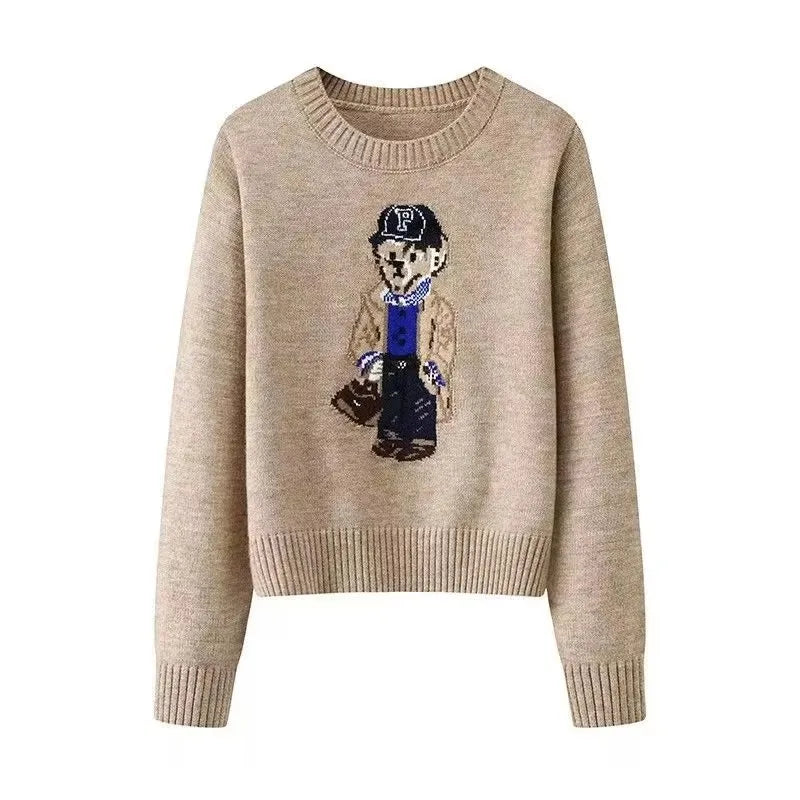Crochet Bear Knit Sweater Pullover Women Jacquard Knitwear Autumn