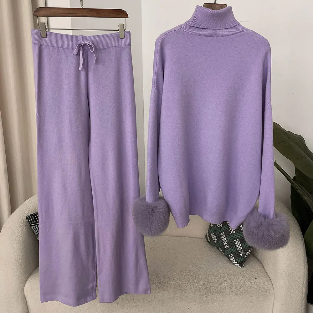 Women's Fox Fur Cuffs Knit Jacket & Pants Set