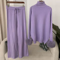 Women's Fox Fur Cuffs Knit Jacket & Pants Set