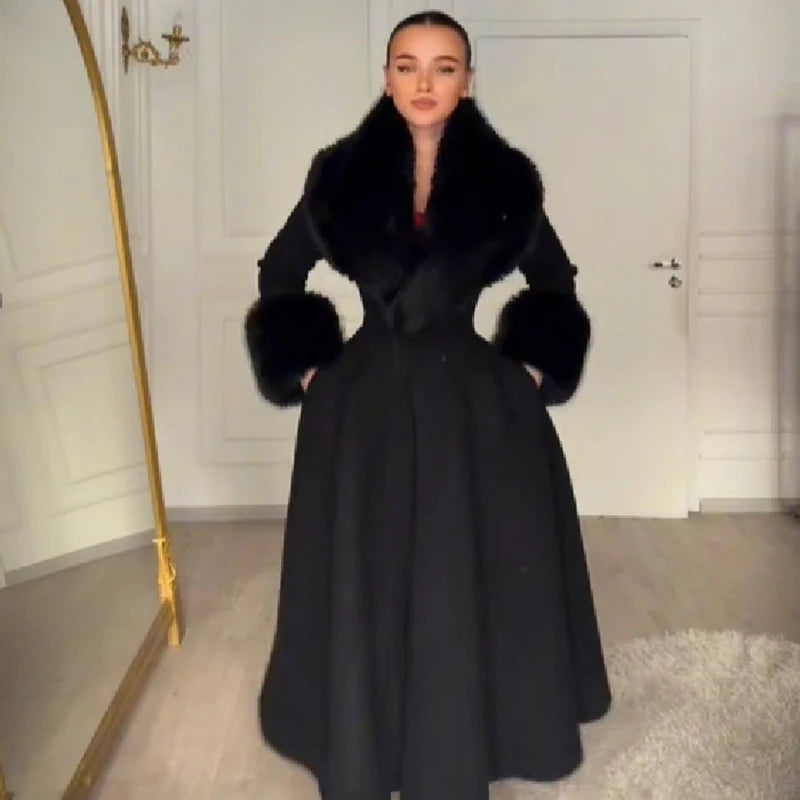 Women's Faux Fur Collar Wool Blend Maxi Dress Coat