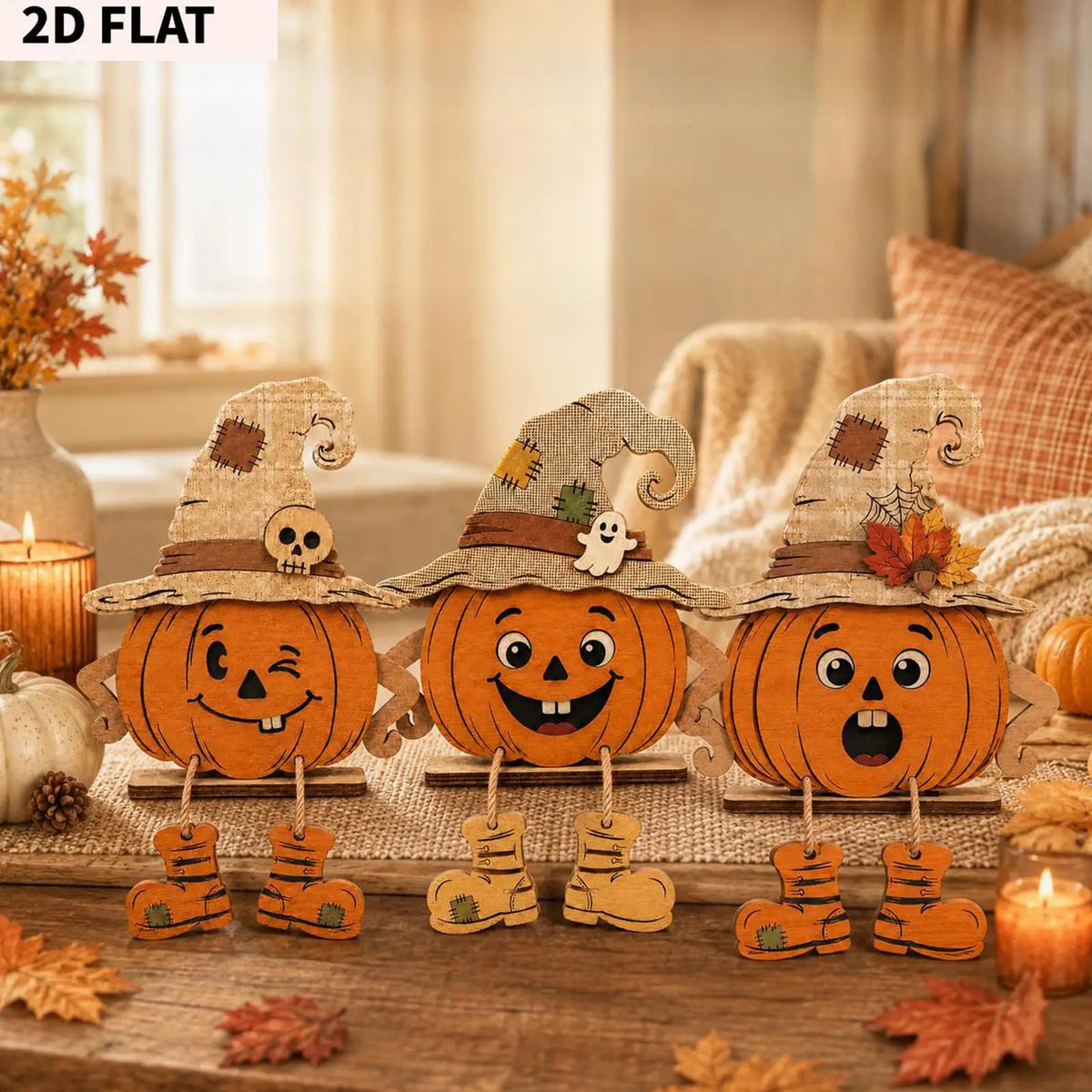 Halloween Wooden Pumpkin Decor 3 Pieces Farmhouse Tabletop Ornament 2D Pumpkin Character Festive Home Desk Mantel Decor Gifts