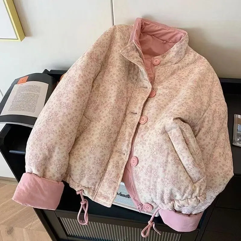 Blue Printed Stand Up Collar Cotton Jacket for Women's Winter Casual
