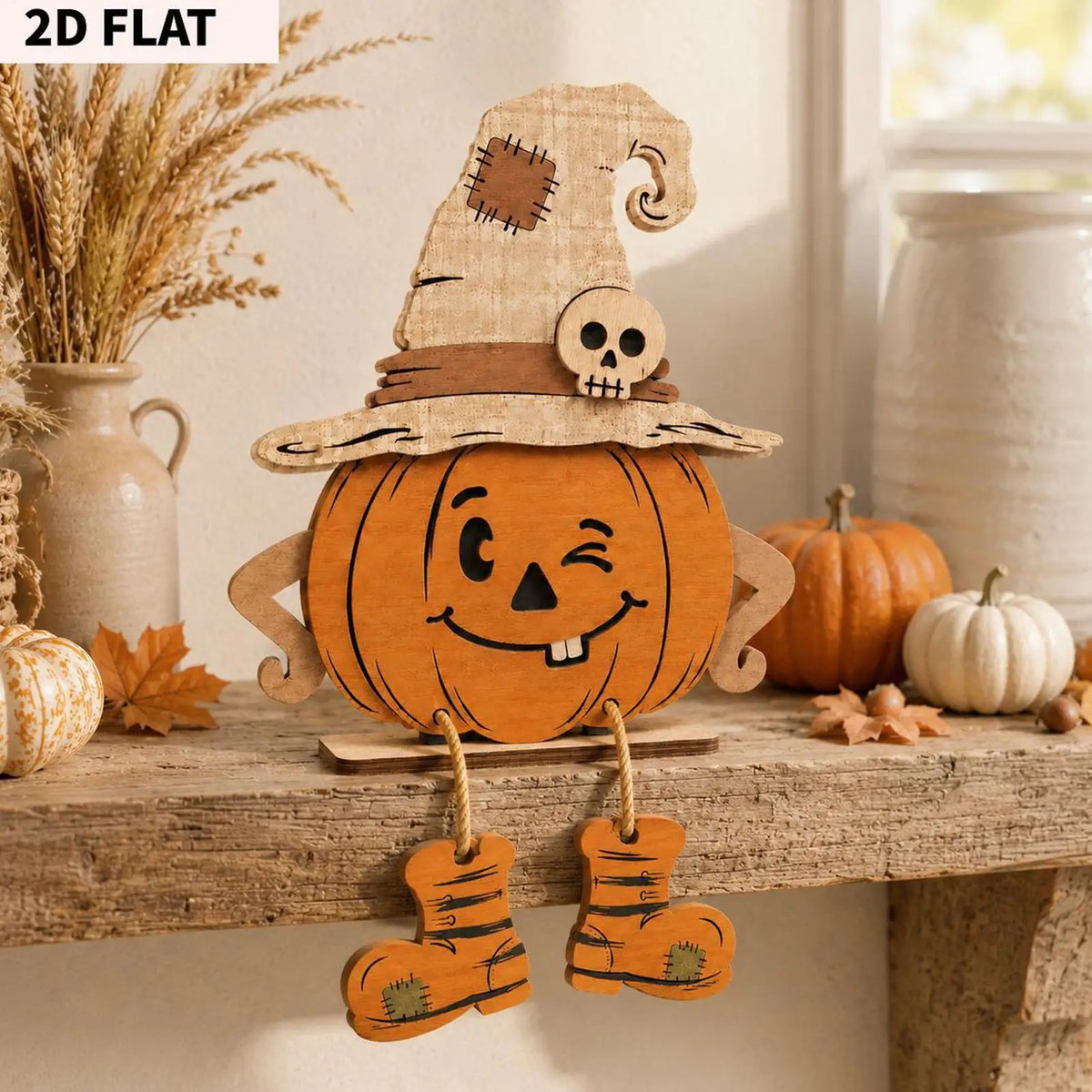 Halloween Wooden Pumpkin Decor 3 Pieces Farmhouse Tabletop Ornament 2D Pumpkin Character Festive Home Desk Mantel Decor Gifts