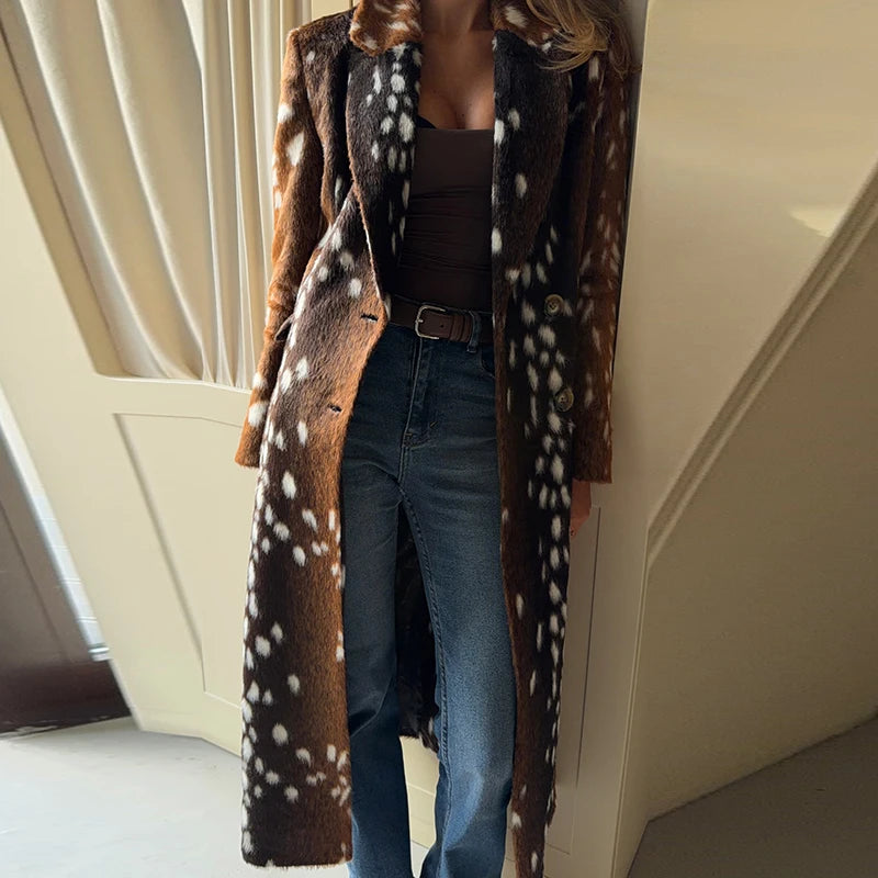 Vintage Deer Print Faux Fur Coat for Women
