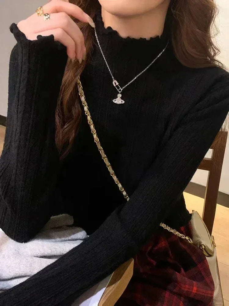 Women's Ruffled Semi-Turtleneck Knitted Sweater