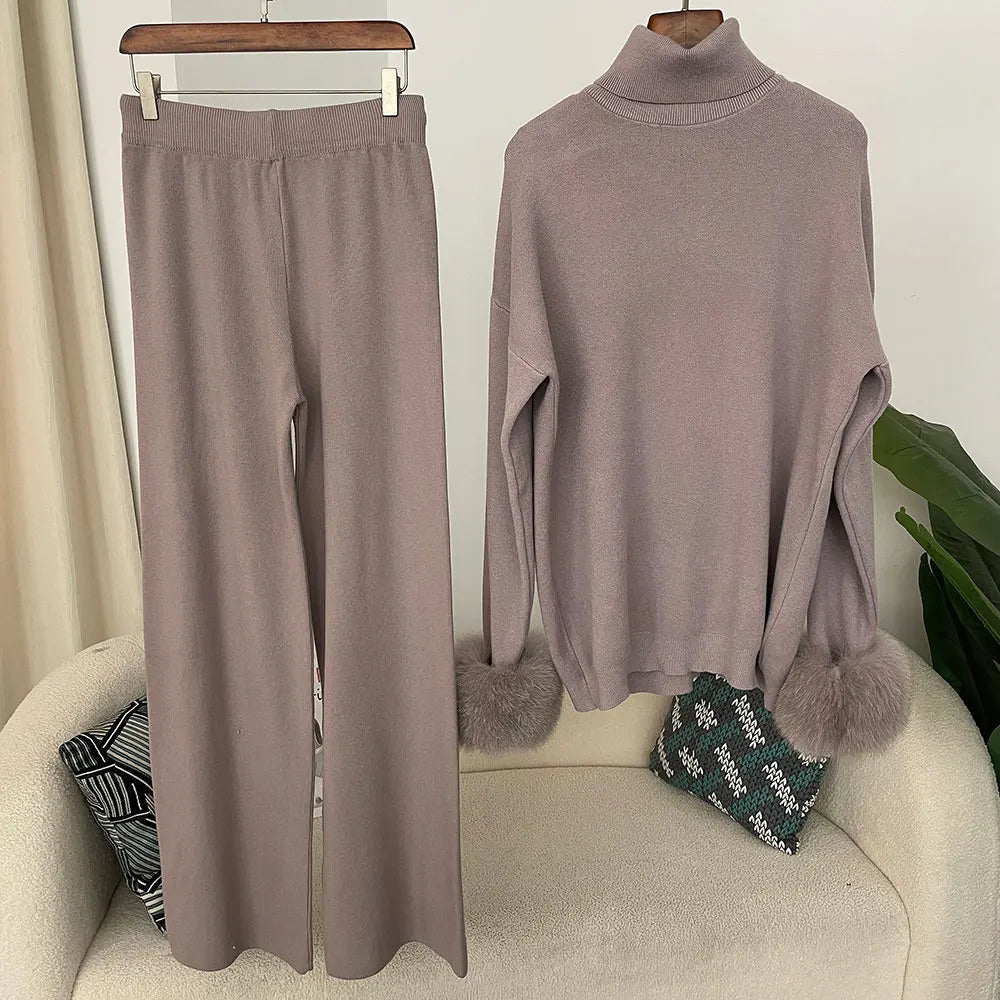 Women's Fox Fur Cuffs Knit Jacket & Pants Set