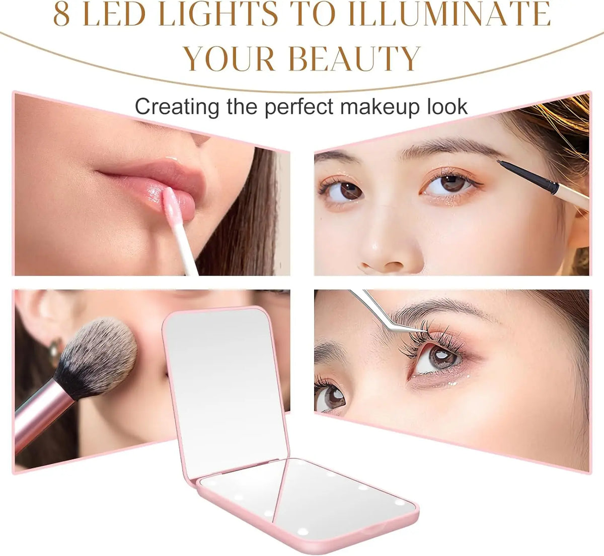Mini Handheld Makeup Mirror 1X/3X Magnifiying Compact Folding Travel Portable With Light Makeup Pocket Mirror 8 Leds for Gifts
