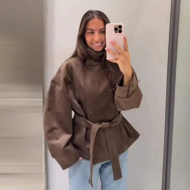 Women's Faux Suede Belted Winter Jacket