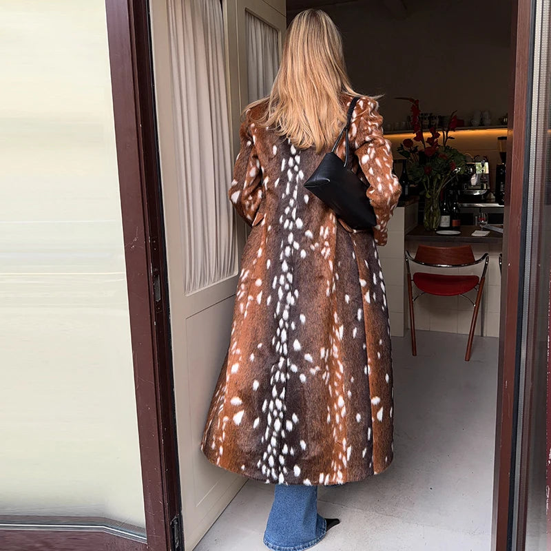 Vintage Deer Print Faux Fur Coat for Women