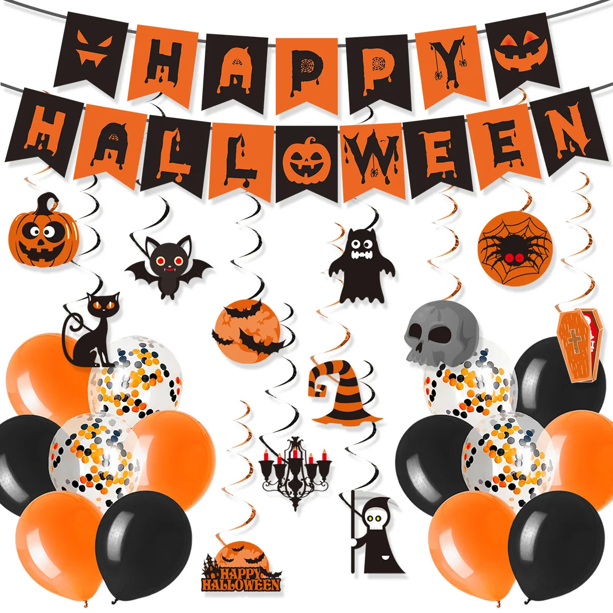 Halloween Party Decorations Set Happy Halloween Banner Trick or Treat Garland Spider Web Hanging Swirls Cupcake Toppers Balloons