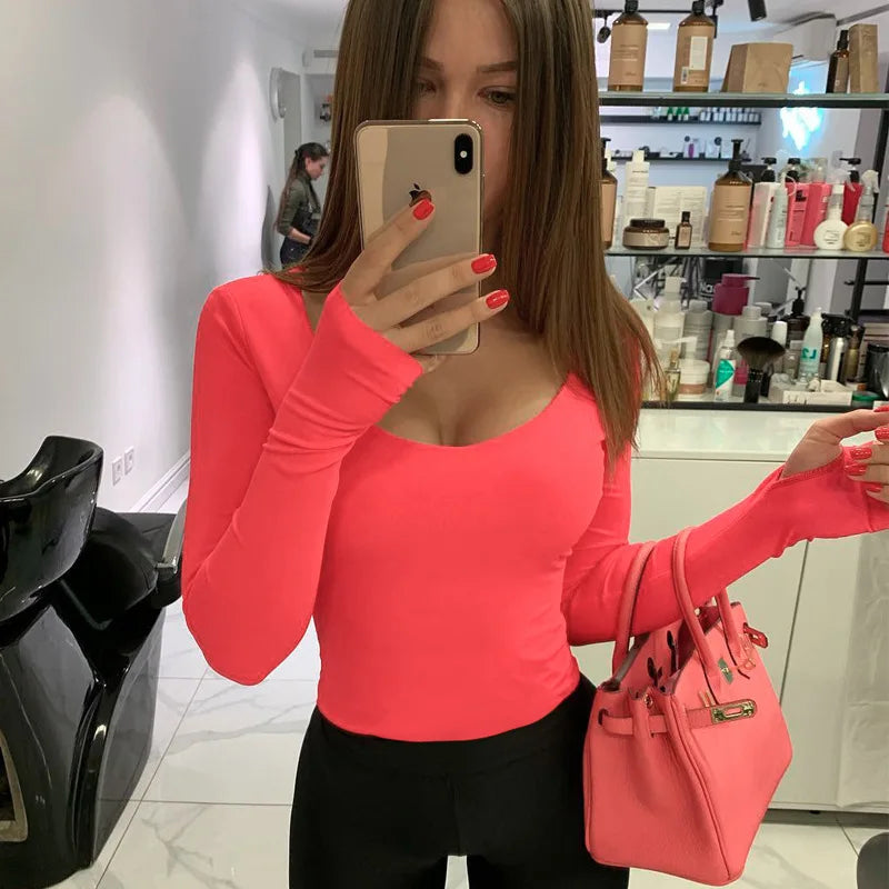 Women's Orange Neon Long-Sleeve Bodysuit