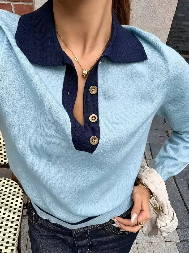 Women's Korean Style Color Block Polo Knit Top