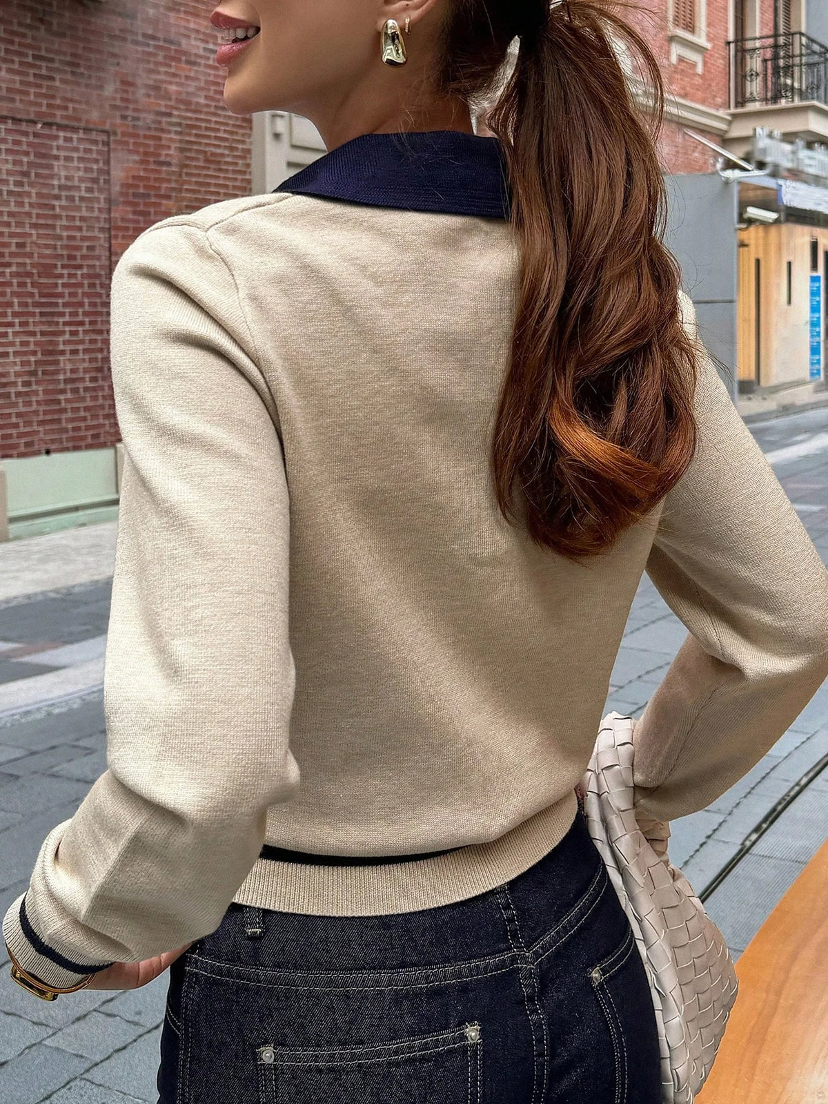 Women's Korean Style Color Block Polo Knit Top