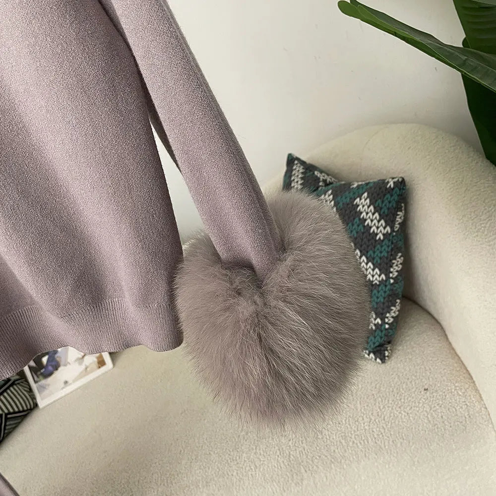 Women's Fox Fur Cuffs Knit Jacket & Pants Set
