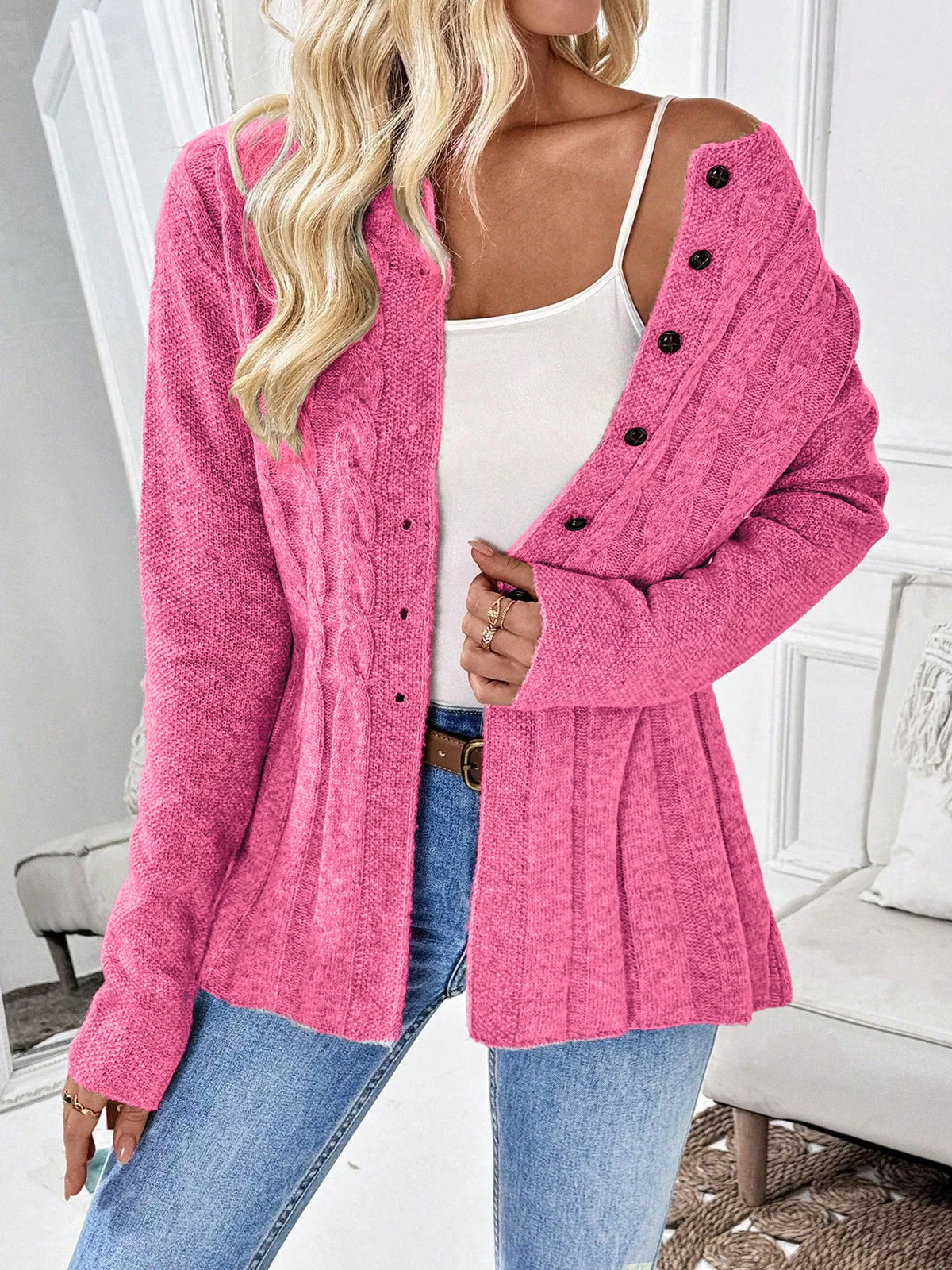 Women's Simple Solid Color Long-Sleeved Cardigan Knitted Sweater