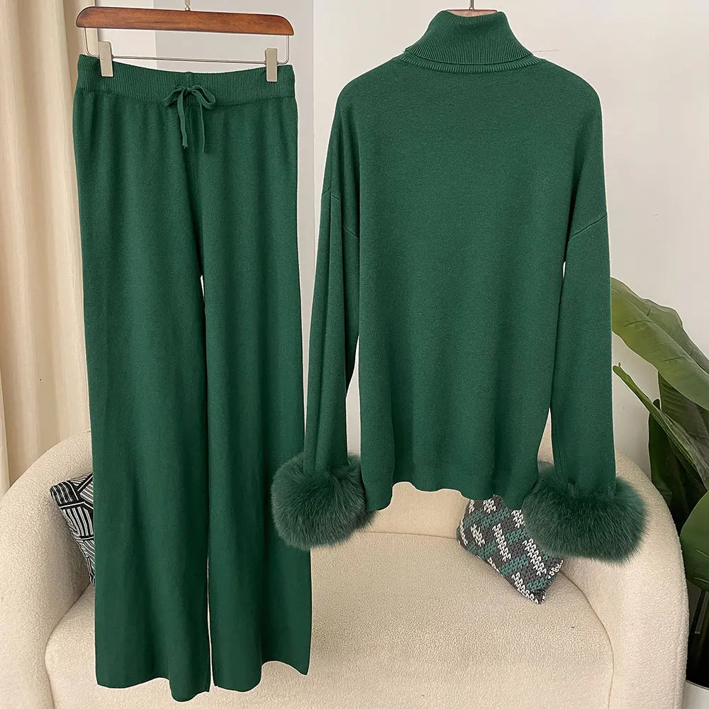 Women's Fox Fur Cuffs Knit Jacket & Pants Set