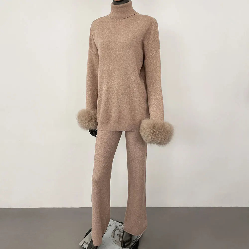 Women's Fox Fur Cuffs Knit Jacket & Pants Set