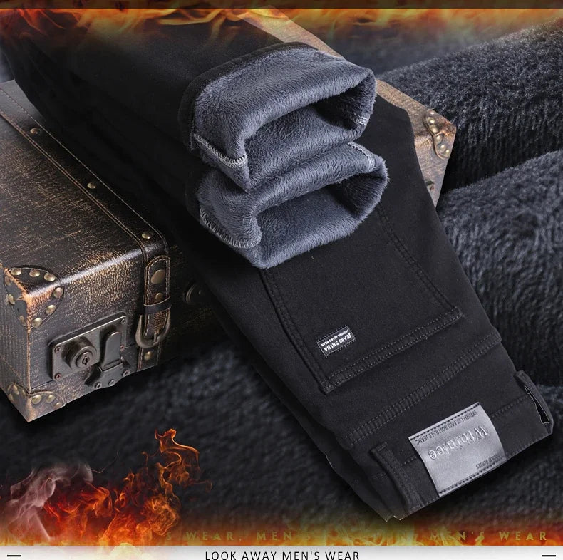 Men's Black Stretch Fleece-Lined Denim Jeans