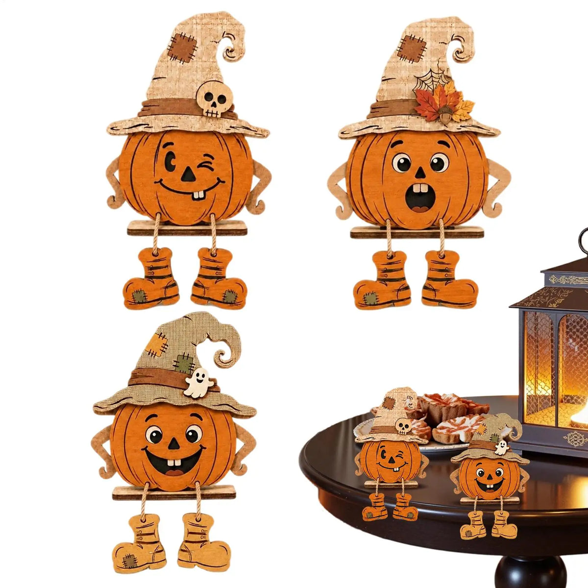 Halloween Wooden Pumpkin Decor 3 Pieces Farmhouse Tabletop Ornament 2D Pumpkin Character Festive Home Desk Mantel Decor Gifts