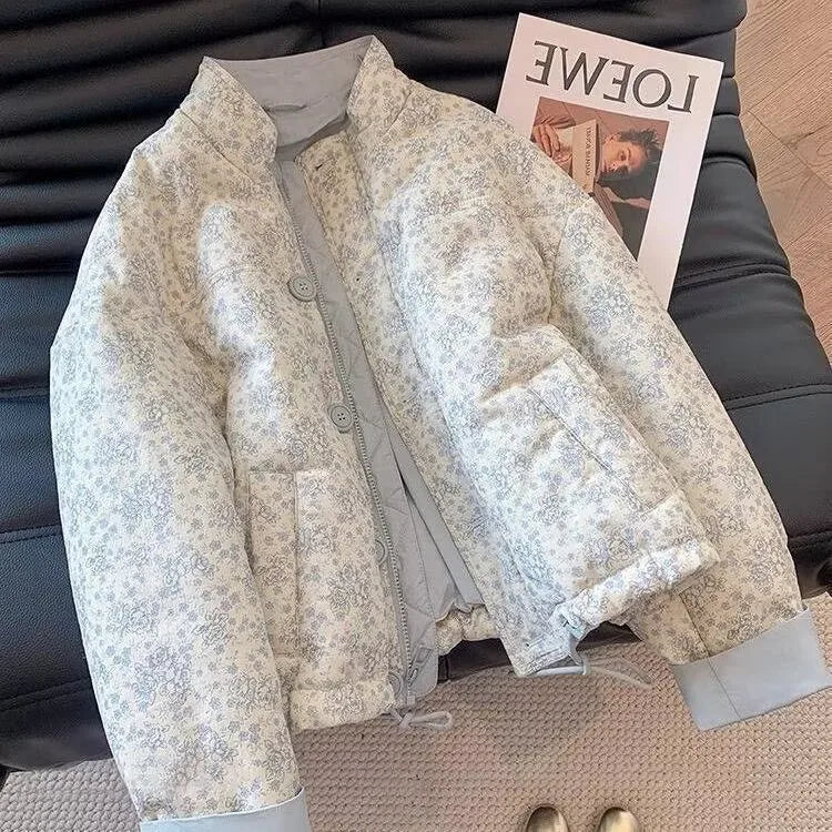 Blue Printed Stand Up Collar Cotton Jacket for Women's Winter Casual