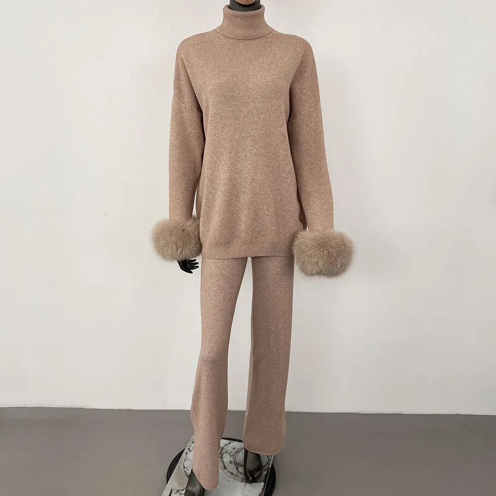 Women's Fox Fur Cuffs Knit Jacket & Pants Set