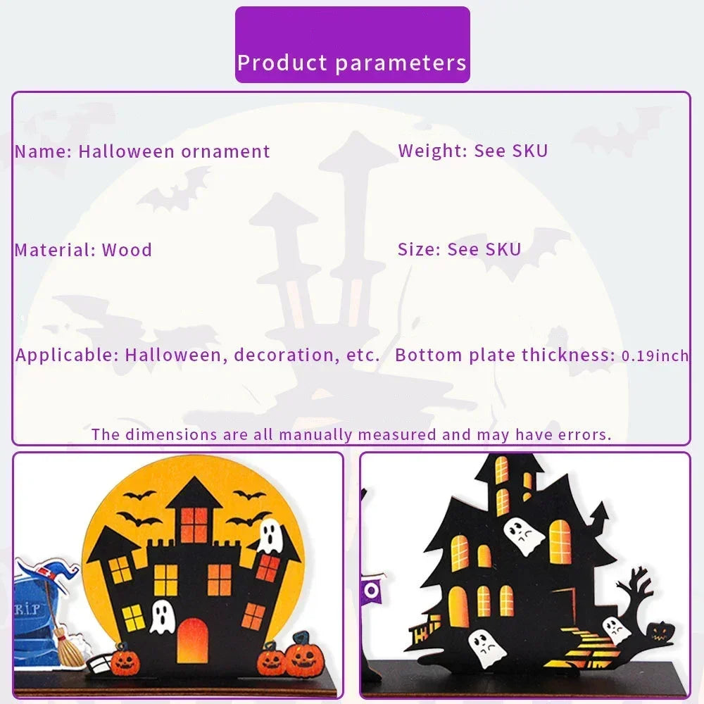 Halloween Desktop Decoration Wooden Castle Ornament Pumpkin Ghost Plaque Decor Trick or Treat Happy Halloween Party Decor