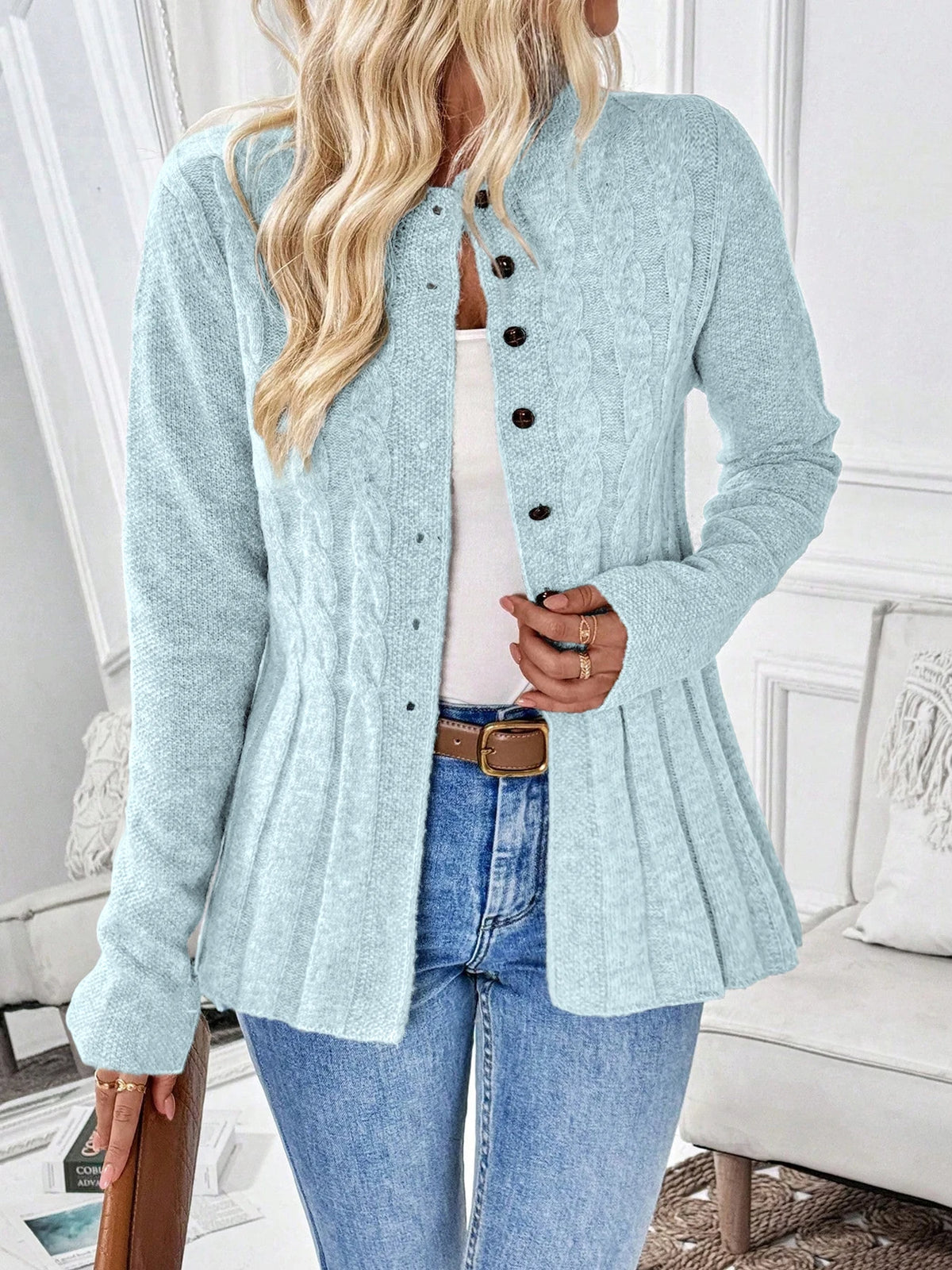 Women's Simple Solid Color Long-Sleeved Cardigan Knitted Sweater