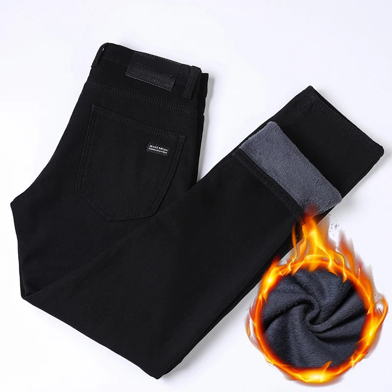 Men's Black Stretch Fleece-Lined Denim Jeans