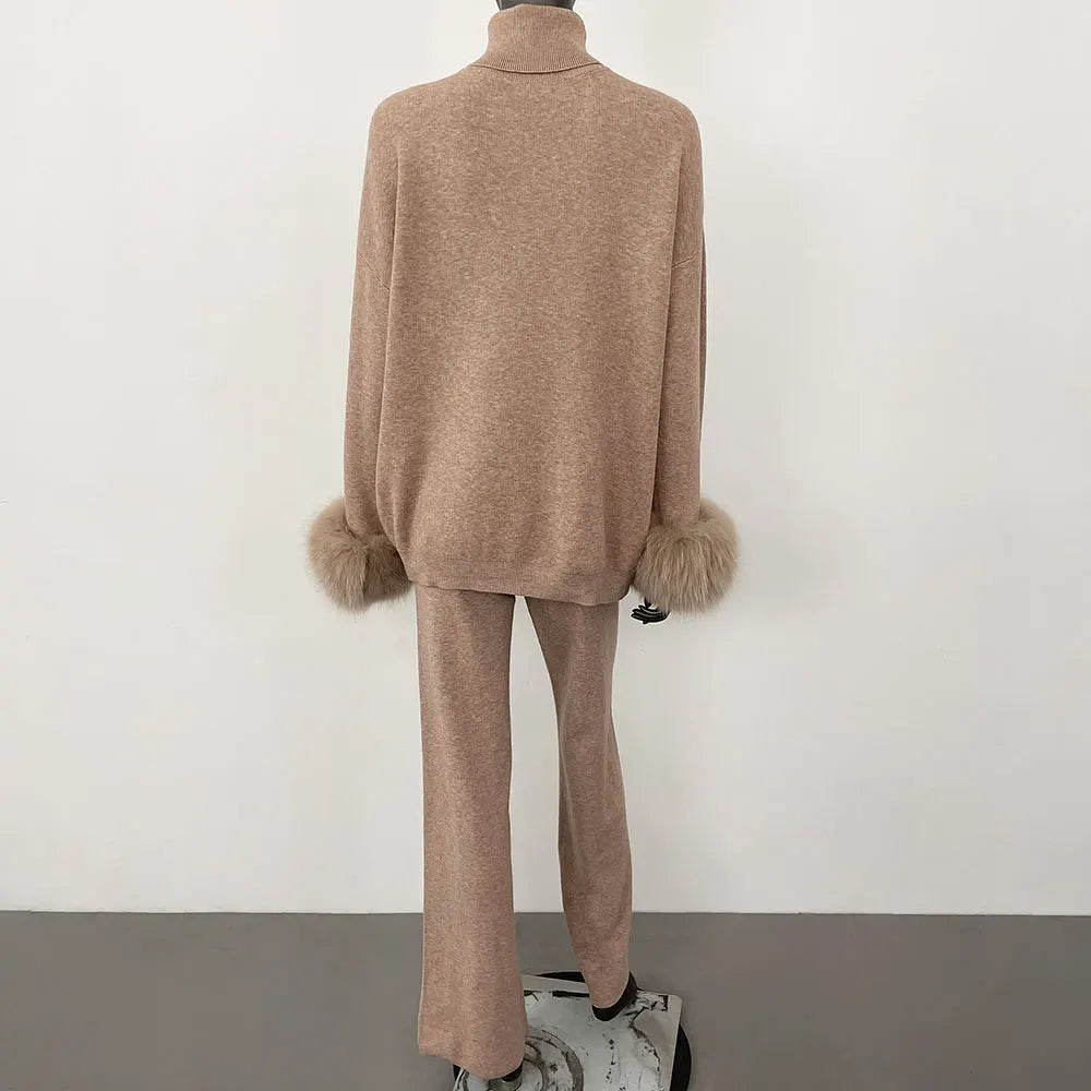 Women's Fox Fur Cuffs Knit Jacket & Pants Set