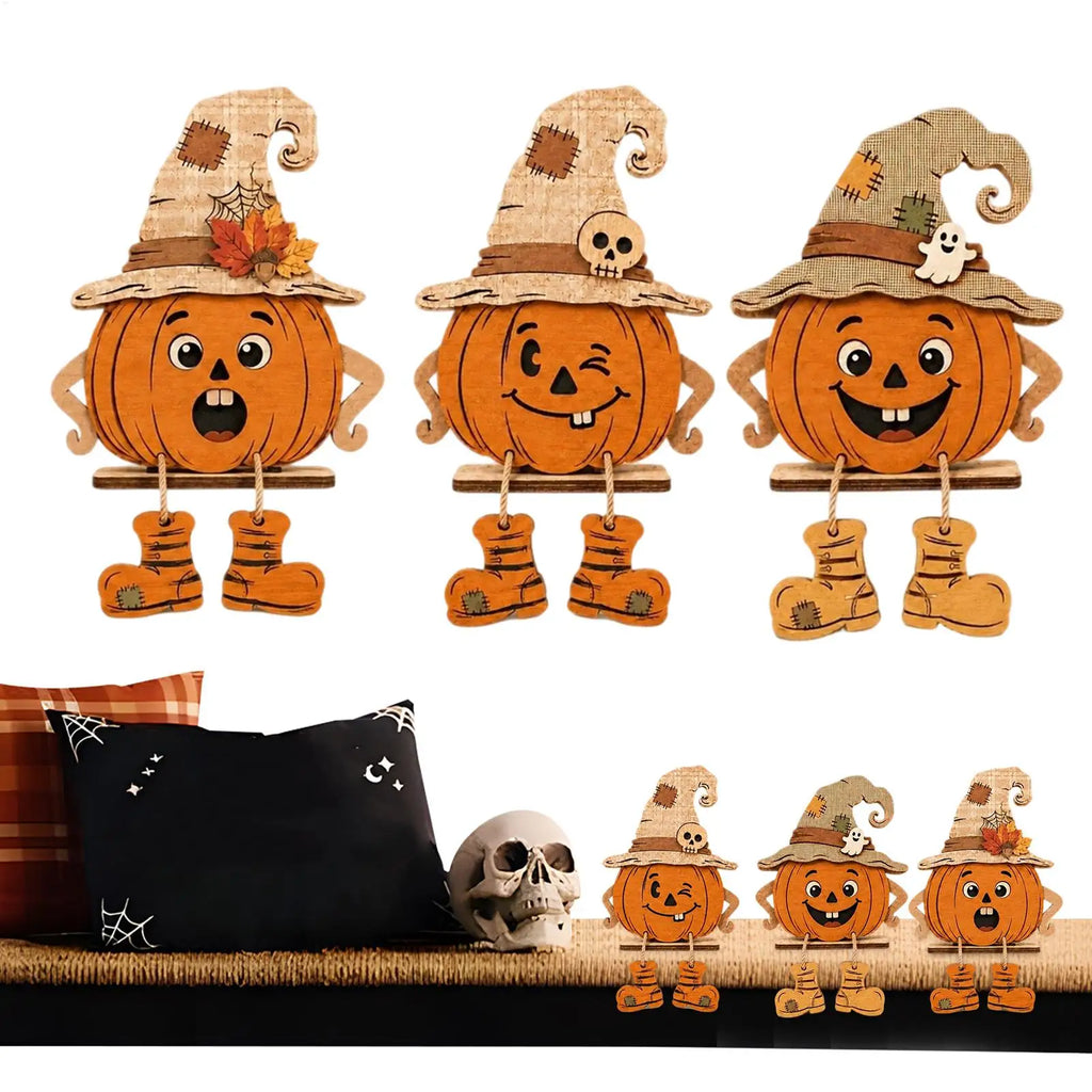Halloween Wooden Pumpkin Decor 3 Pieces Farmhouse Tabletop Ornament 2D Pumpkin Character Festive Home Desk Mantel Decor Gifts