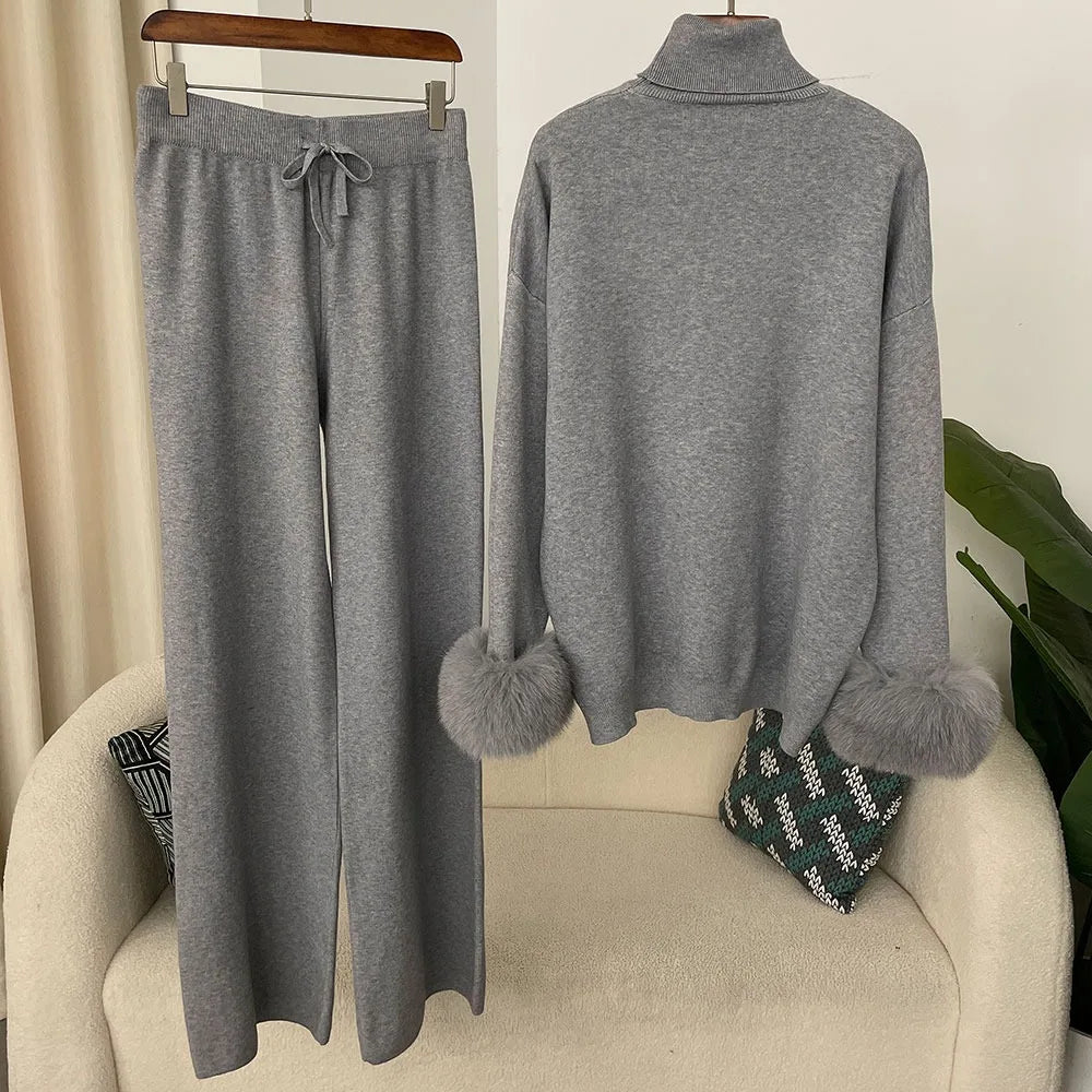 Women's Fox Fur Cuffs Knit Jacket & Pants Set