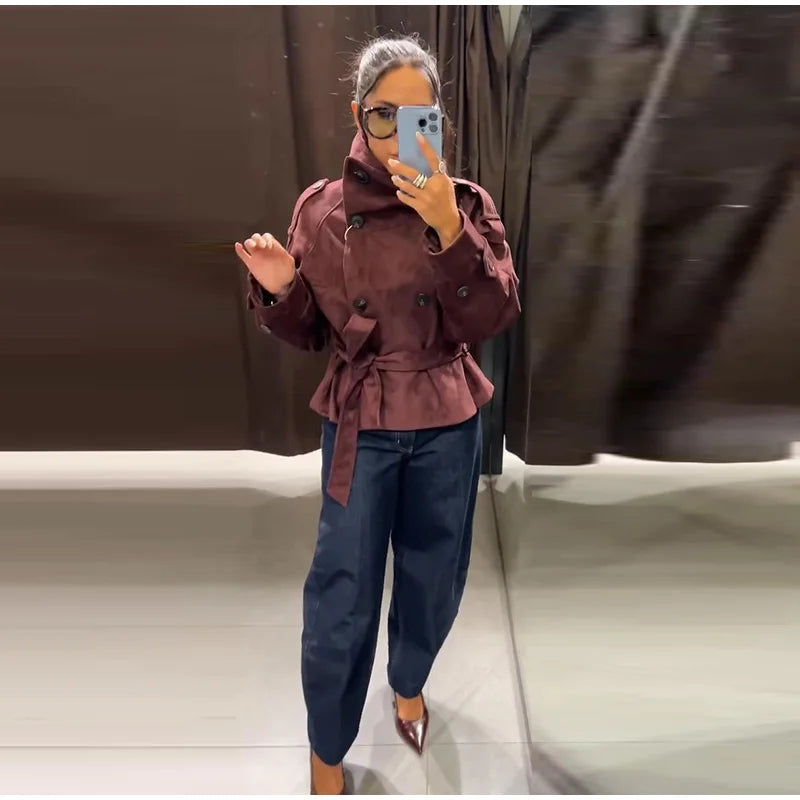 Women's Faux Suede Belted Winter Jacket
