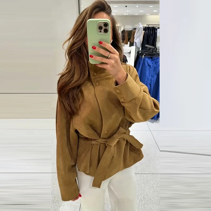 Women's Faux Suede Belted Winter Jacket