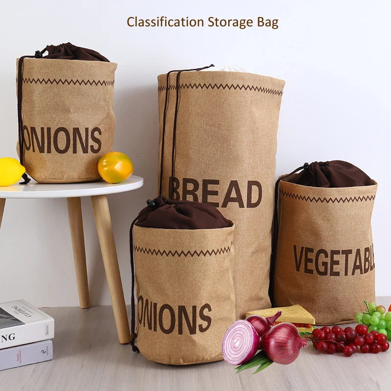Sac de rangement en toile de jute pour cuisine : ail, oignons, pommes de terre, légumes, pain, sac à cordon, organisateur en tissu de jute pour pommes de terre