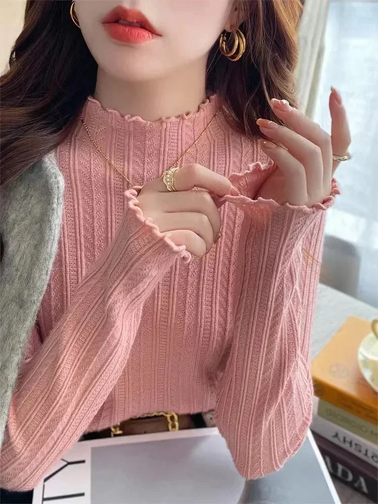 Women's Ruffled Semi-Turtleneck Knitted Sweater