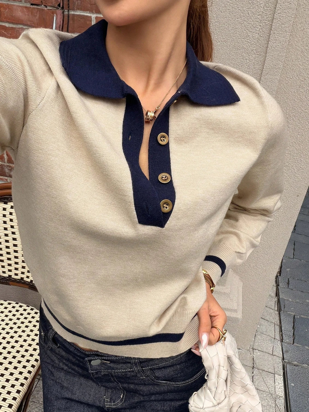 Women's Korean Style Color Block Polo Knit Top